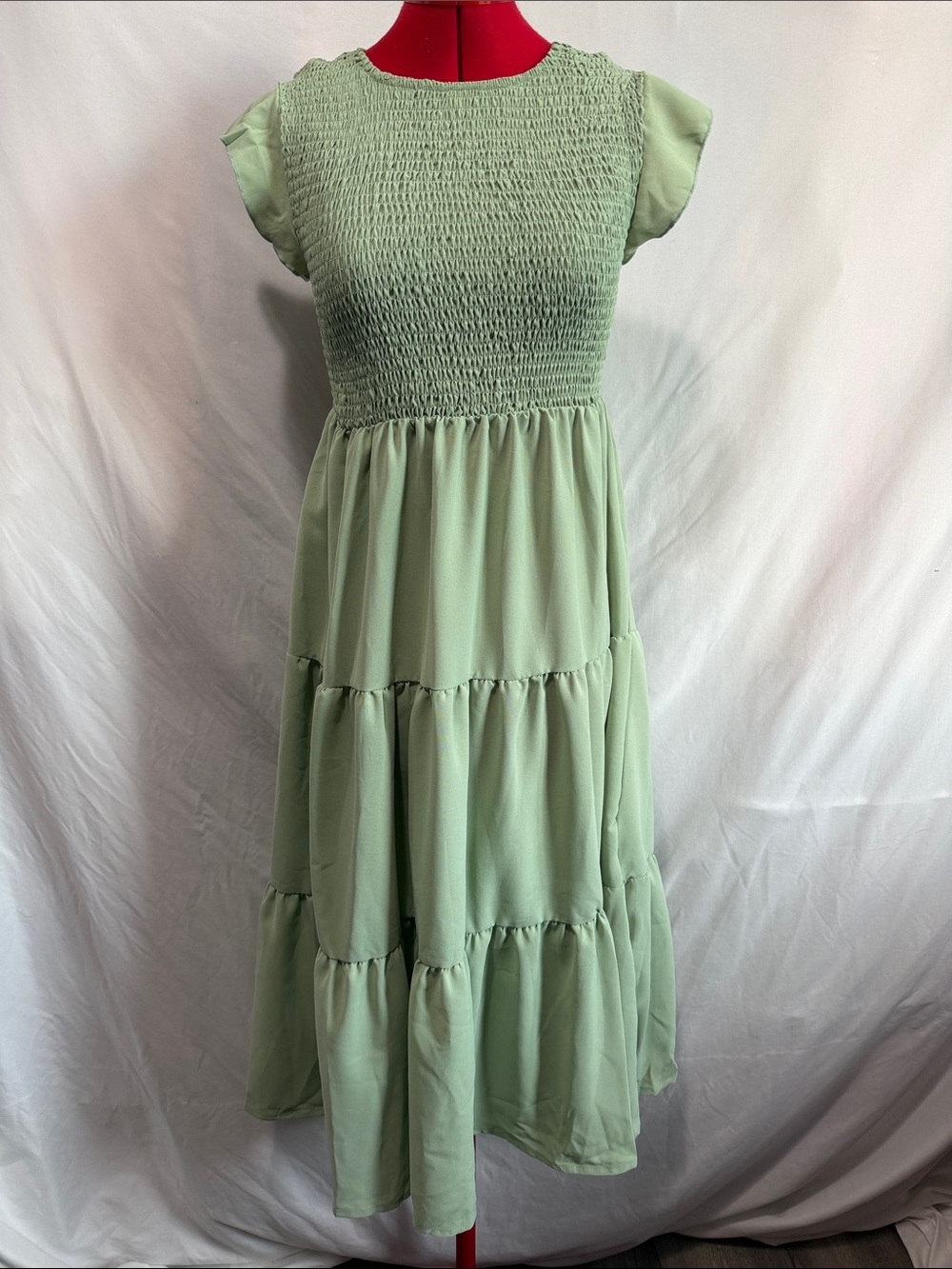 Smocked Bodice Tiered Maxi Dress in Light Green